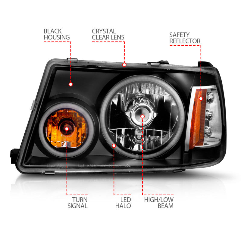 ANZO 2001-2011 Ford Ranger Projector Headlights w/ Halo Black (CCFL) 1 pc Headlights ANZO