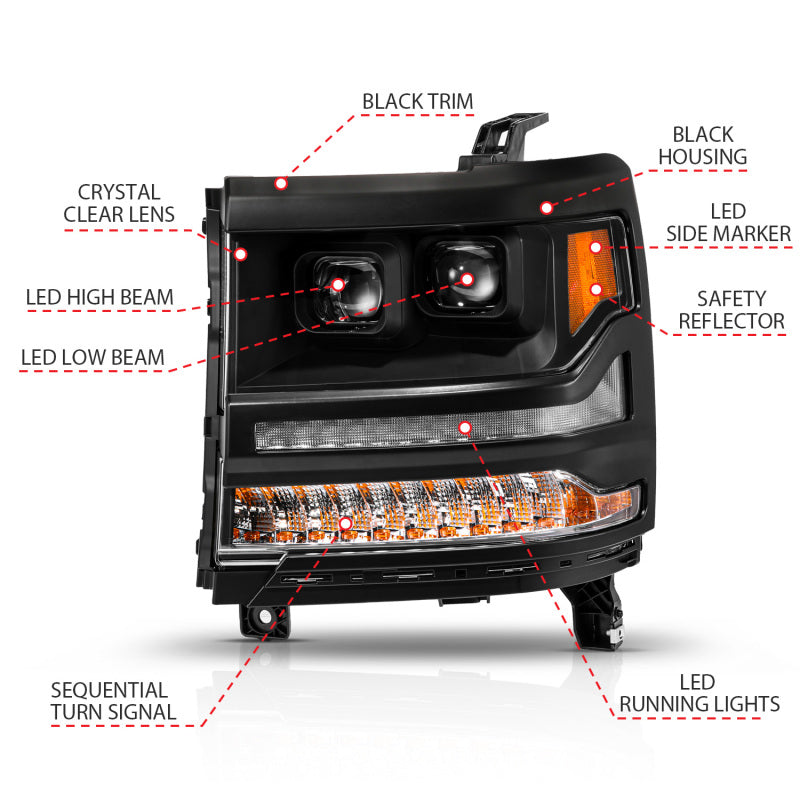 ANZO 16-18 Chevy Silverado 1500 (Factory HID Models ONLY) Full LED Proj Headlights Black - Pair Headlights ANZO