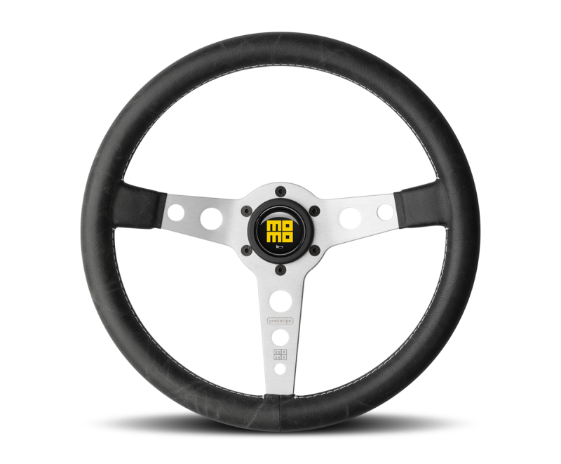 Momo Prototipo Steering Wheel 350 mm - Black Leather/White Stitch/Brshd Spokes Steering Wheels MOMO
