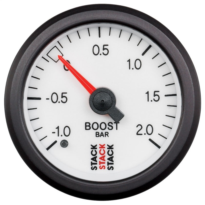 Autometer Stack 52mm -1 to +2 Bar T-Fitting 0.187in Barb (M) Mechanical Boost Pressure Gauge - White Gauges AutoMeter