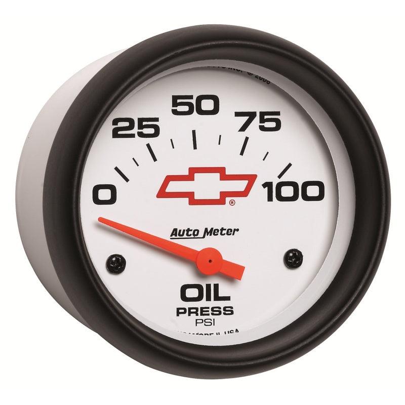 AutoMeter Gauge Oil Pressure 2-5/8in. 100PSI Electric Chevy Red Bowtie White Gauges AutoMeter