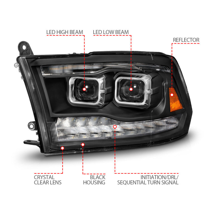 ANZO 09-18 Dodge Ram 1500/2500/3500 Full LED Proj Headlights w/Switchback Light Bar - Black Headlights ANZO