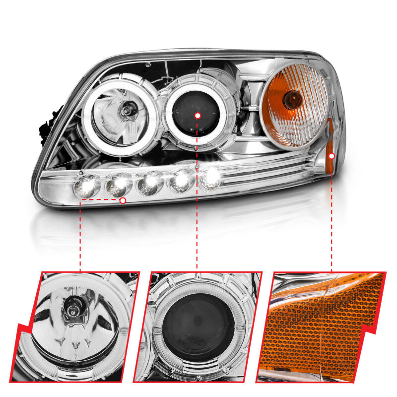 ANZO 1997.5-2003 Ford F-150 Projector Headlights w/ Halo and LED Chrome 1pc Headlights ANZO