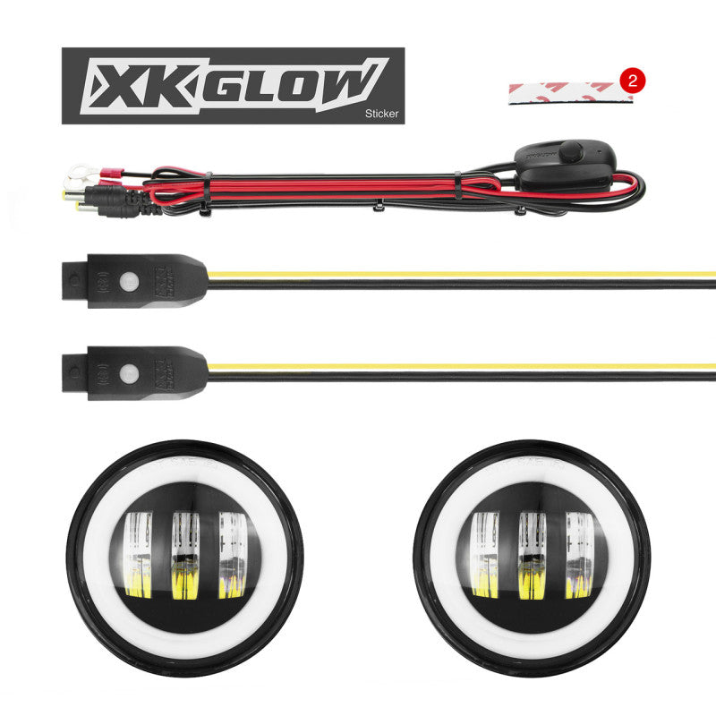 XK Glow 4In JL Black RGB LED Jeep Wrangler Fog Light XKchrome Bluetooth App Controlled Kit Light Accessories and Wiring XKGLOW