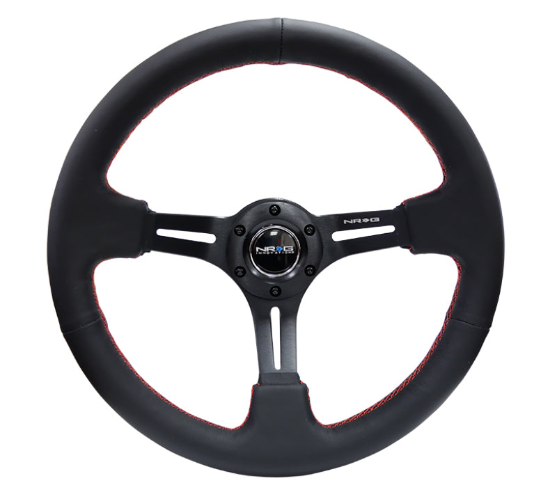 NRG Reinforced Steering Wheel (350mm / 3in. Deep) Black Leather/Red Stitch & Blk 3-Spoke w/Slits Steering Wheels NRG