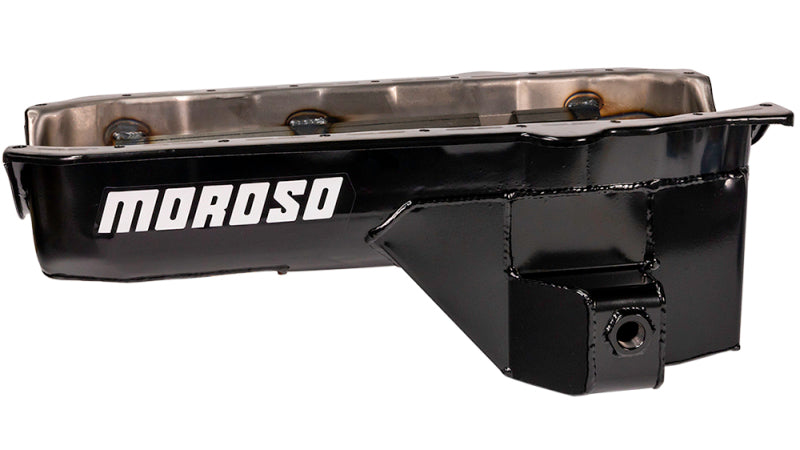 Moroso 80-85 Chevrolet SBC (w/Passenger Side Dipstick) Wet Sump 5.5qt 7.5in Steel Oil Pan - Black Oil Pans Moroso