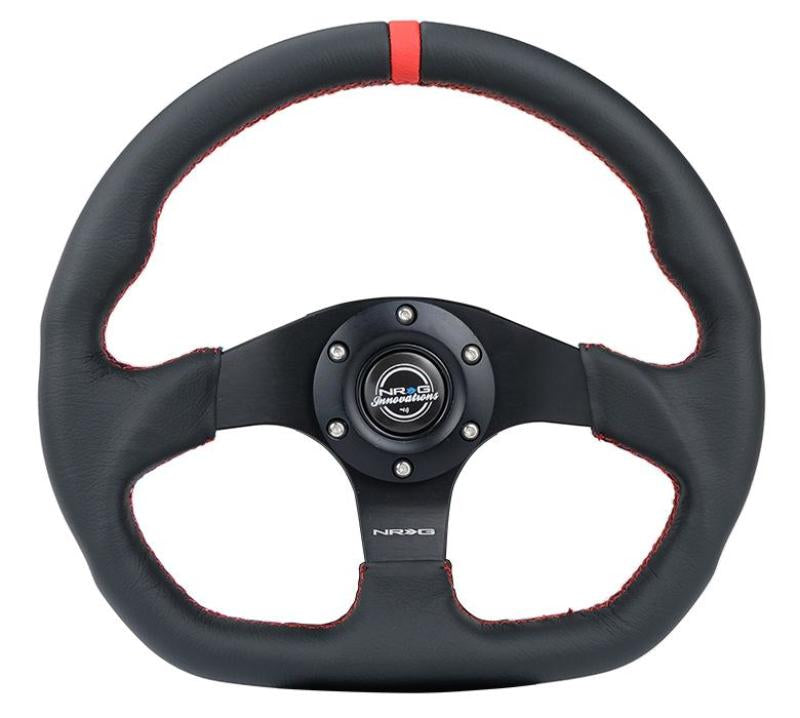 NRG Reinforced Steering Wheel (320mm) Sport Leather Flat Bottom w/ Red Center Mark/ Red Stitching Steering Wheels NRG