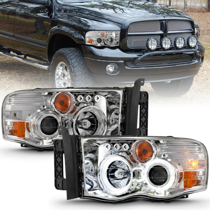 ANZO 2002-2005 Dodge Ram 1500 Projector Headlights w/ Halo Chrome Clear Amber Headlights ANZO