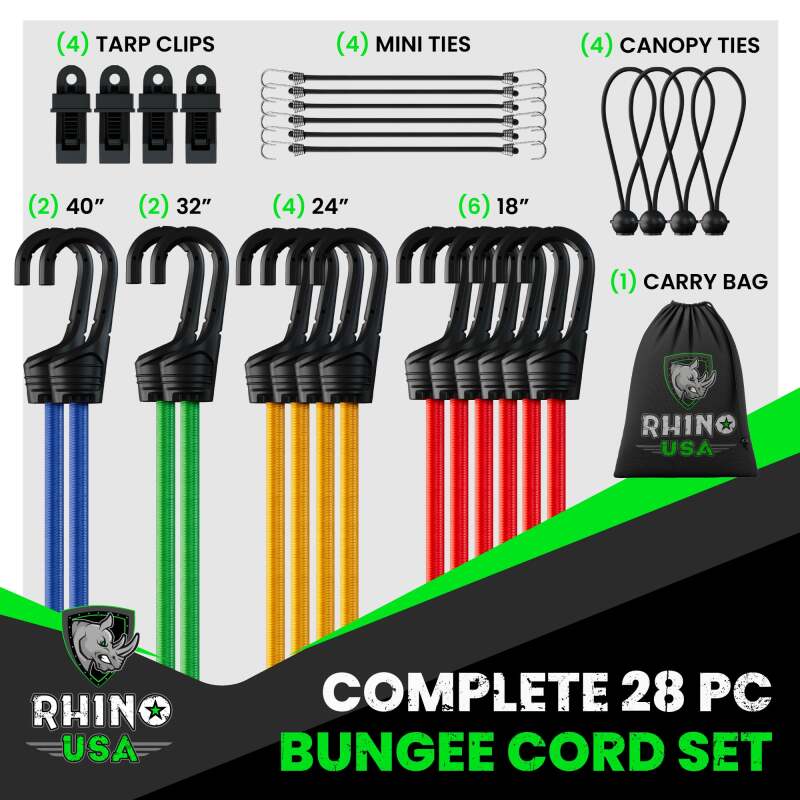 Rhino USA 28Pc Bungee Cord Assortment Cargo Tie-Downs Rhino USA