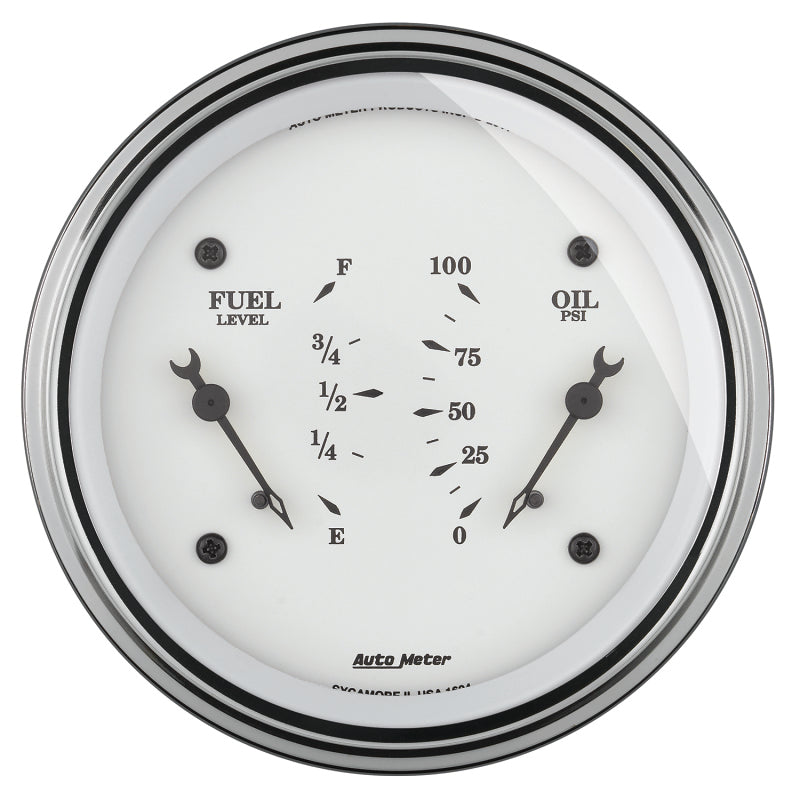 AutoMeter Gauge Dual Fuel & Oilp 3-3/8in. 0 Ohm(e) to 90 Ohm(f)& 100PSI Elec Old Tyme White Gauges AutoMeter
