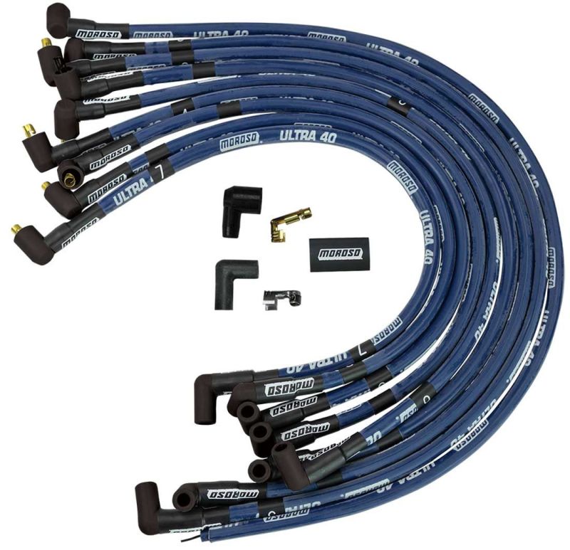 Moroso Chevrolet Small Block Ignition Wire Set - Ultra 40 - Sleeved - Non-HEI - 90 Degree - Blue Spark Plug Wire Sets Moroso
