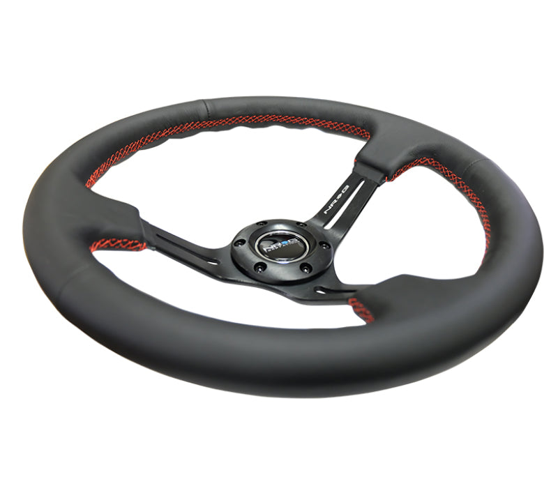 NRG Reinforced Steering Wheel (350mm / 3in. Deep) Black Leather/Red Stitch & Blk 3-Spoke w/Slits Steering Wheels NRG
