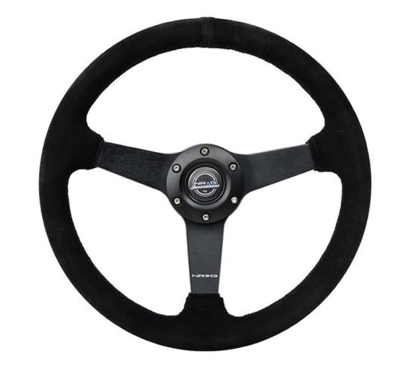 NRG Sport Steering Wheel (350mm / 1.5in Deep) Black Suede/Black Stitch w/Matte Black Solid Spokes Steering Wheels NRG