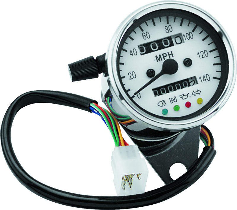 Bikers Choice 2.5 Inch Chrome 2:1 Universal Mini Speedo w LED Indicators White Face 140 Mph Gauges Bikers Choice