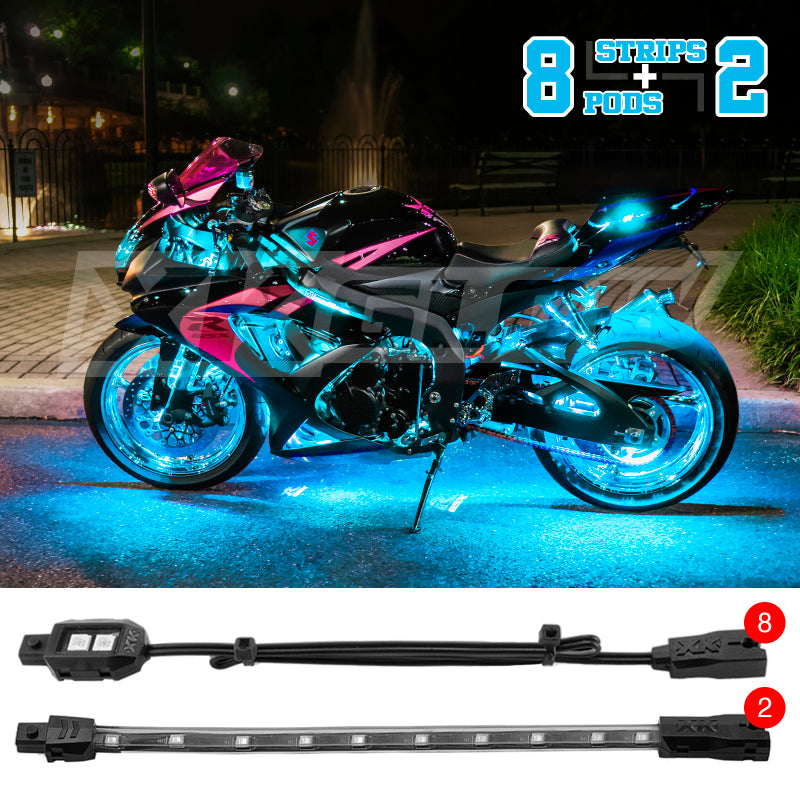 XK Glow Strips Single Color XKGLOW LED Accent Light Motorcycle Kit Light Blue - 8xPod + 2x8In Light Accessories and Wiring XKGLOW