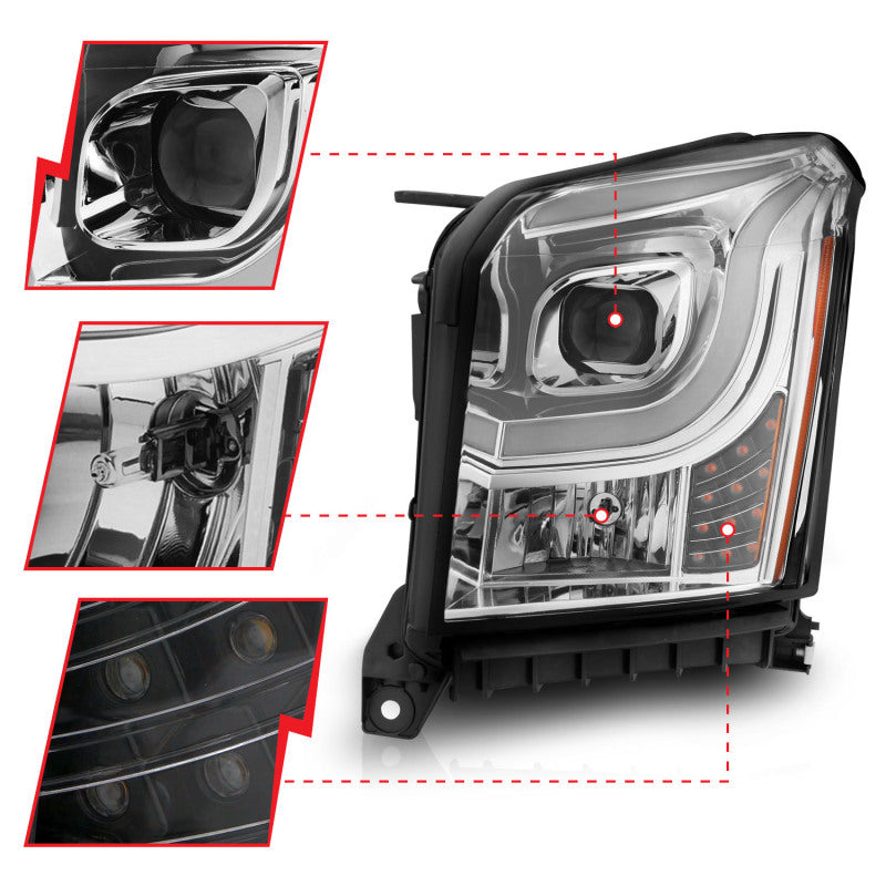 ANZO 2015-2017 GMC Yukon XL Projector Headlights W Lightbar - Chrome/Amber Headlights ANZO