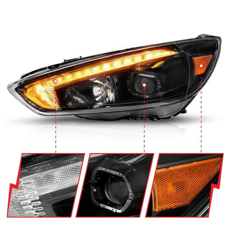 ANZO 15-18 Ford Focus Projector Headlights - w/ Light Bar Switchback Black Housing Headlights ANZO