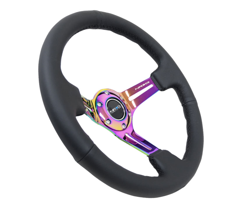 NRG Reinforced Steering Wheel (350mm / 3in. Deep) Blk Leather/Blk Stitch w/Neochrome Slits Steering Wheels NRG