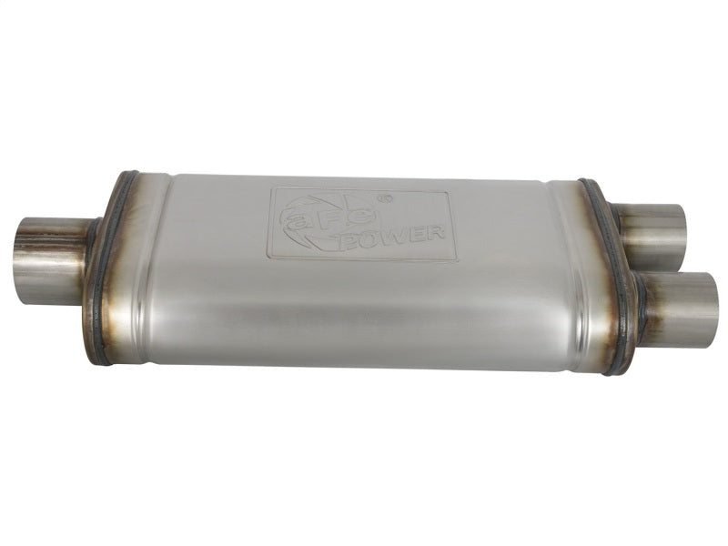aFe MACHForce XP SS Muffler 3in Center Inlet / 2.5in Dual Outlets 18in L x 9in W x4in H Body Muffler aFe