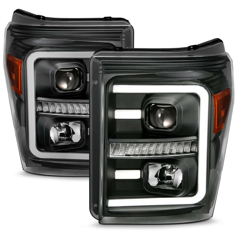 ANZO 2011-2016 Ford F250 Projector Headlights w/ Plank Style Switchback Black w/ Amber Headlights ANZO