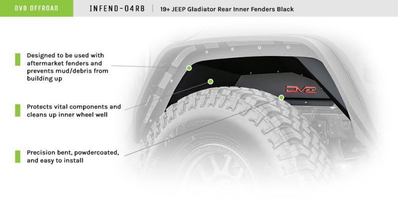 DV8 Offroad 201+ Jeep Gladiator Rear Inner Fenders - Black Wheel Well Liners DV8 Offroad