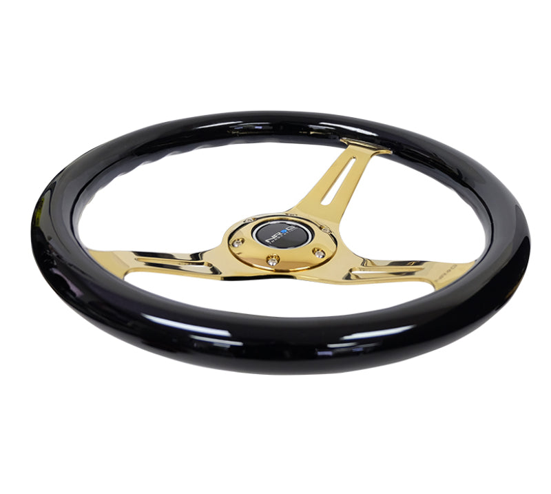 NRG Classic Wood Grain Steering Wheel (350mm) Black Grip w/Chrome Gold 3-Spoke Center Steering Wheels NRG