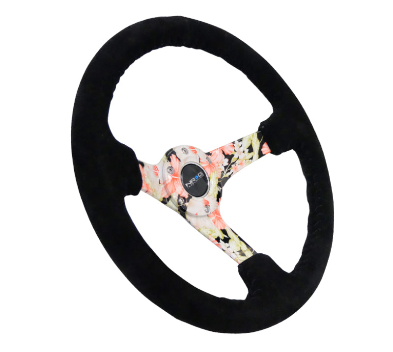 NRG Reinforced Steering Wheel (350mm / 3in. Deep) Blk Suede Floral Dipped w/ Blk Baseball Stitch Steering Wheels NRG