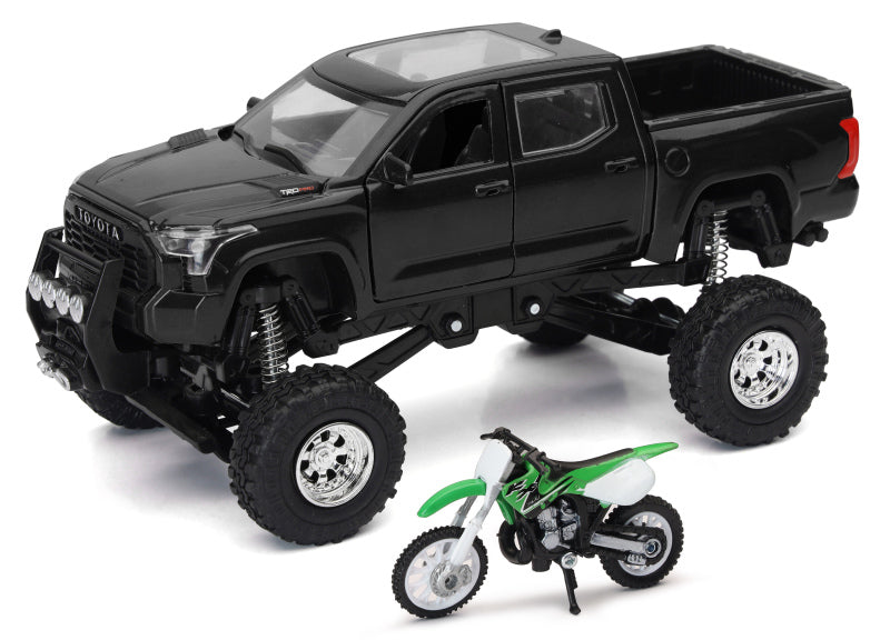 New Ray Toys Toyota Tundra Pro Lifted Truck Black with Kawasaki Dirt Bike 1:32 Scale Toys New Ray Toys