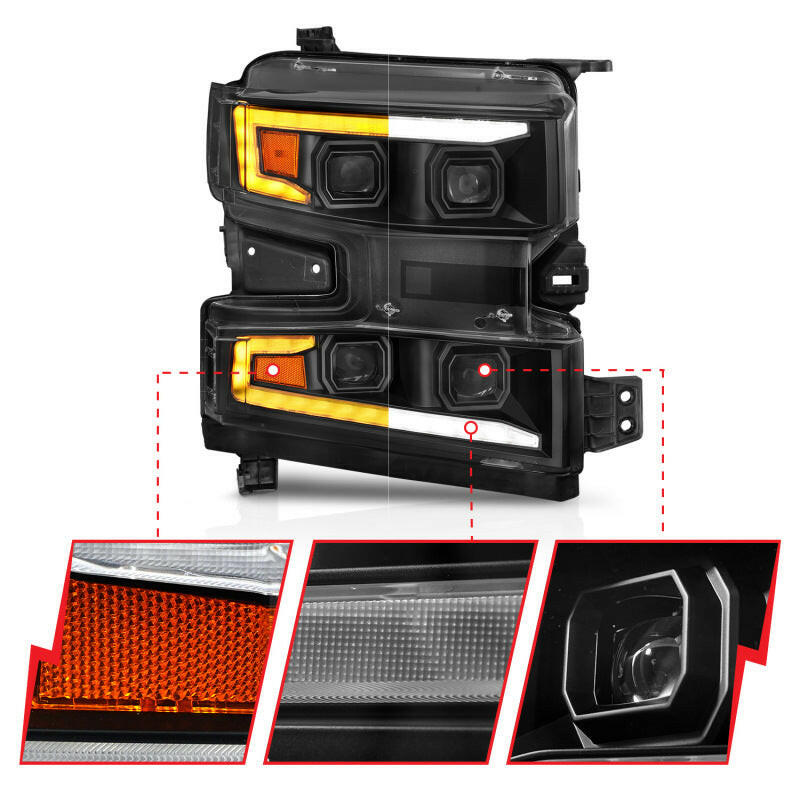 ANZO 19-22 Chevrolet Silverado 1500 LED Proj HL w/Lgt Bar SwBk Seq. Blk w/In. Light - Passenger Side Headlights ANZO