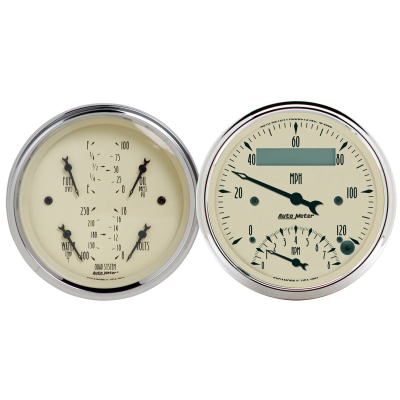 AutoMeter Gauge Kit 2 Pc. Quad & Tach/Speedo 3-3/8in. Antique Beige Gauges AutoMeter