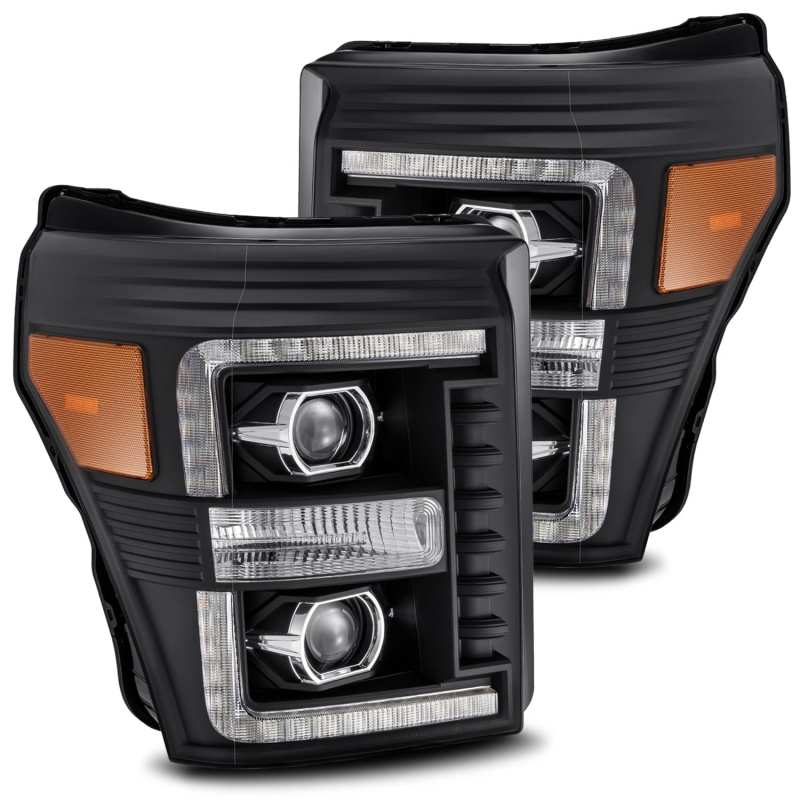 AlphaRex 11-16 Ford F-350 SD LUXX LED Proj Headlights Plank Style Black w/Activ Light/Seq Signal Headlights AlphaRex