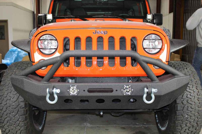 Fishbone Offroad 07-18 Jeep Wrangler Front Winch Bumper W/LEDs Full Width - Blk Texured Powdercoated Bumpers - Steel Fishbone Offroad