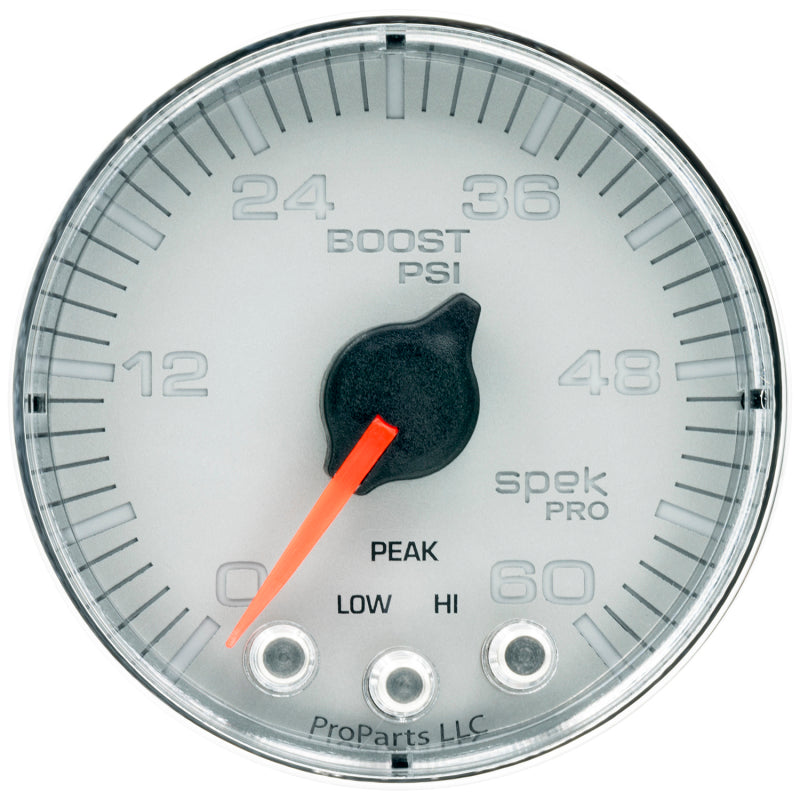 Autometer Spek-Pro Gauge Boost 2 1/16in 60psi Stepper Motor W/Peak & Warn Slvr/Chrm Gauges AutoMeter