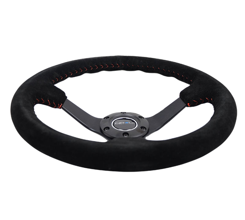 NRG Reinforced Steering Wheel (350mm / 3in. Deep) Blk Suede/Red BBall Stitch w/5mm Matte Blk Spokes Steering Wheels NRG