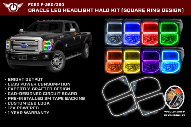 Oracle Ford F250/350 11-16 Halo Kit (Square Ring Design) - ColorSHIFT w/ BC1 Controller Headlights ORACLE Lighting