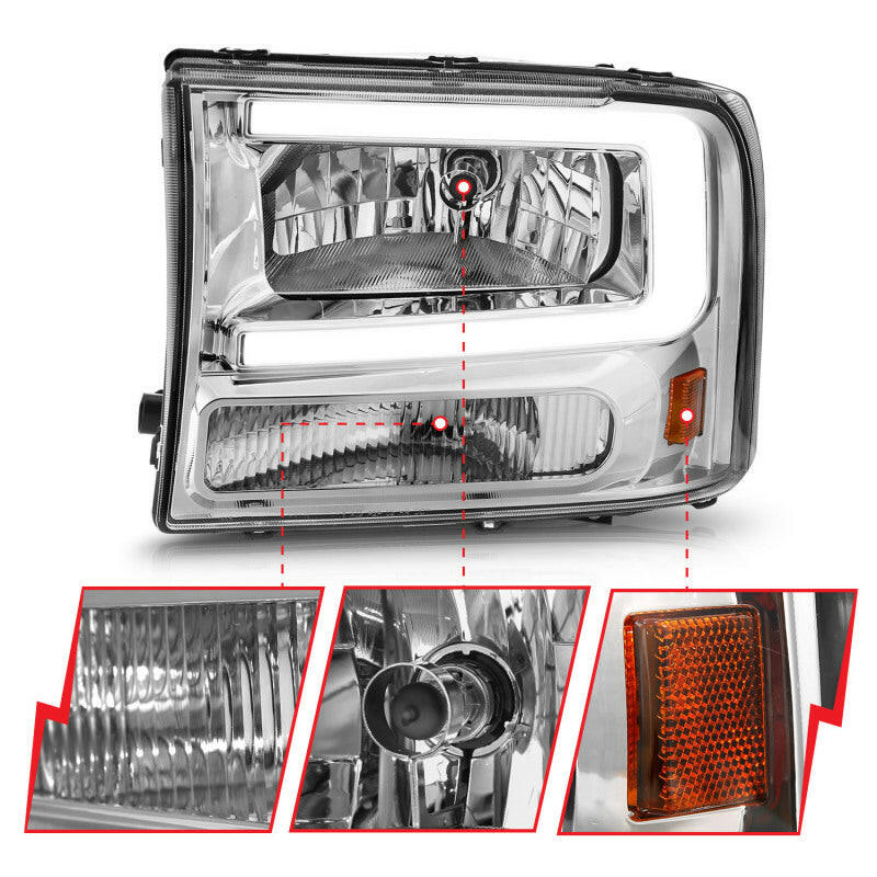 ANZO 99-04 Ford F250/F350/F450/Excursion (excl. 99) Crystal Headlights - w/ Light Bar Chrome Housing Headlights ANZO