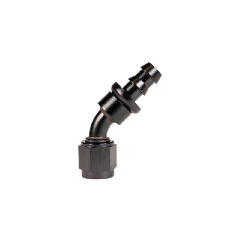 Fleece Performance Universal -6AN 45Deg to Hose Barb - Black Fittings Fleece Performance