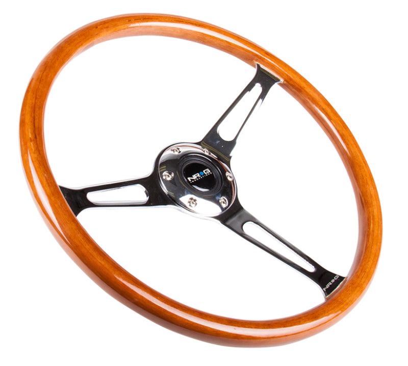 NRG Reinforced Steering Wheel (360mm) Classic Wood Grain w/Chrome Cutout 3-Spoke Center Steering Wheels NRG