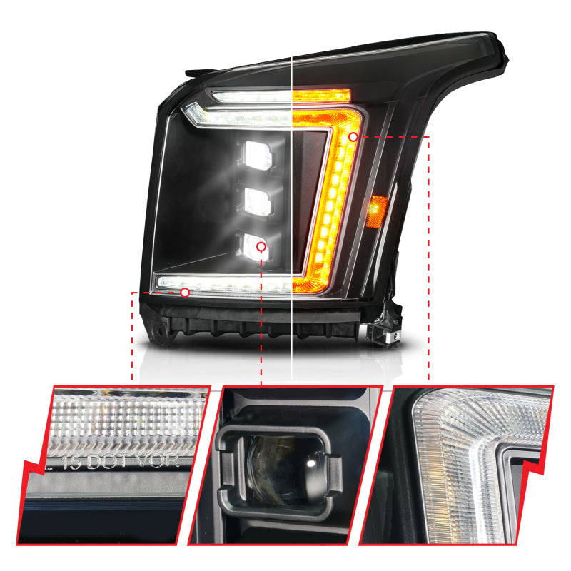 ANZO 15-20 GMC Yukon (Incl XL - Factory Halogen Models) Full LED Proj Headlights Black - Driver Side Headlights ANZO