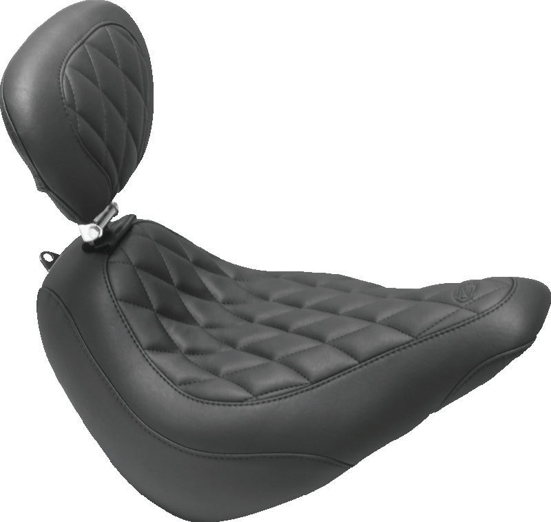 Mustang 18-21 Harley Street Bob Wide Tripper Solo Seat w/Driver Backrest Diamond Stitch - Black Solo Motorcycle Seats Mustang Motorcycle