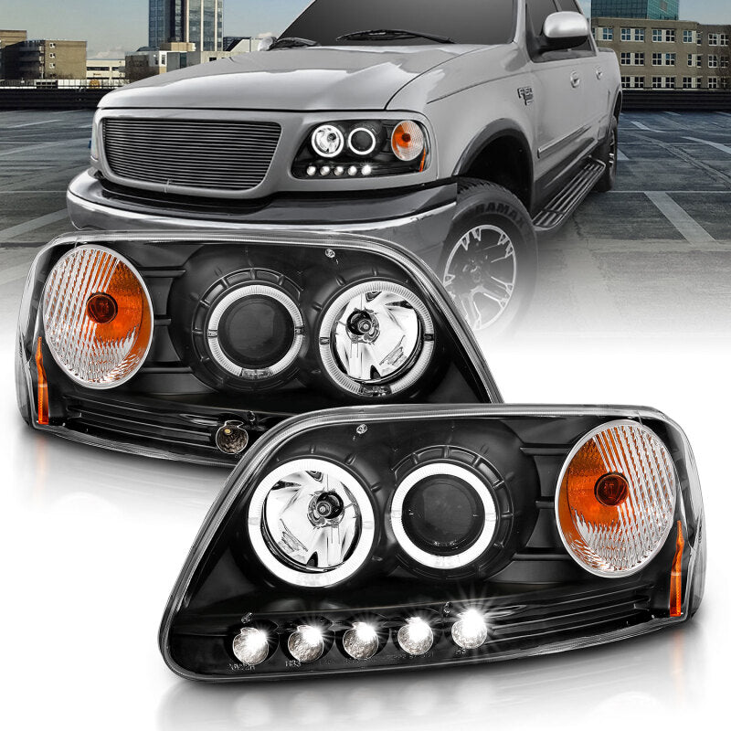 ANZO 1997.5-2003 Ford F-150 Projector Headlights w/ Halo and LED Black 1pc Headlights ANZO