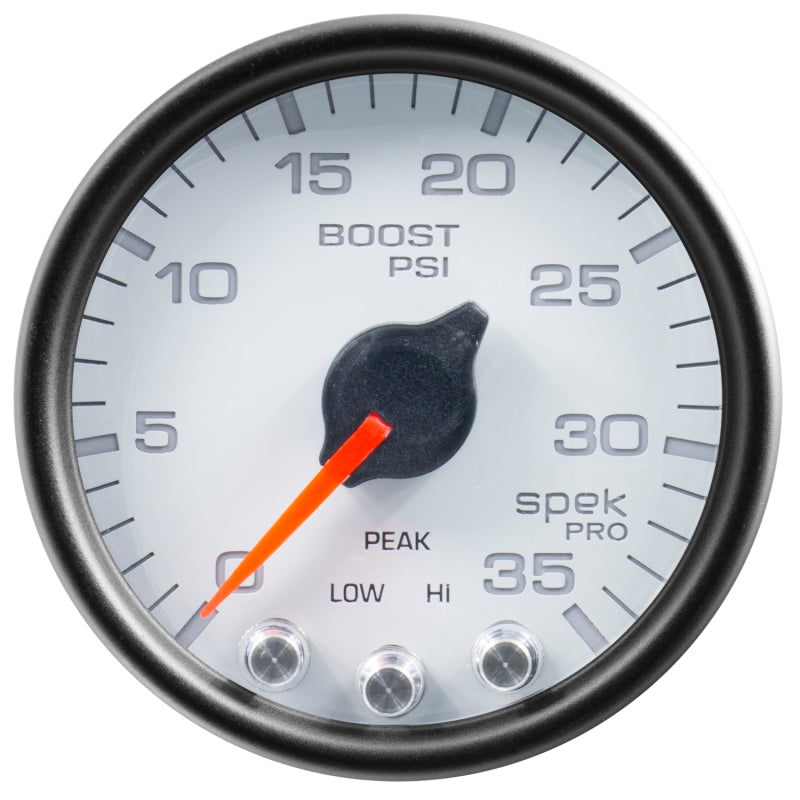Autometer Spek-Pro Gauge Boost 2 1/16in 35psi Stepper Motor W/Peak & Warn White/Black Gauges AutoMeter