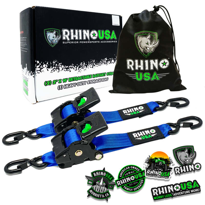 Rhino USA Retractable Ratchet Straps (2Pk 2Inx10Ft) Blue Tow Straps Rhino USA