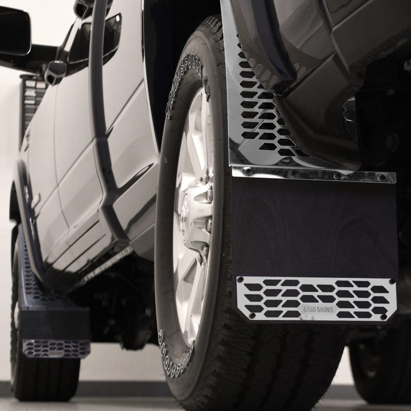 Putco 10-18 Ram HD Dually - (Fits Front) - Set of 2 Mud Skins - Polished SS w/ Hex Shield Mud Flaps Putco
