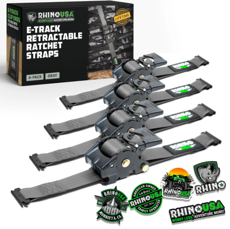 Rhino USA Retractable Ratchet Straps (2Pk 1Inx10Ft) Gray Tow Straps Rhino USA
