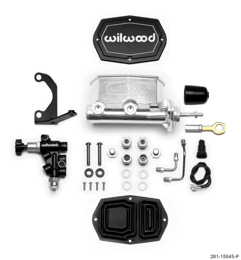Wilwood Compact Tandem M/C - 1.12in Bore w/Bracket and Valve fits Mustang (Pushrod) - Ball Burnished Brake Master Cylinder Wilwood