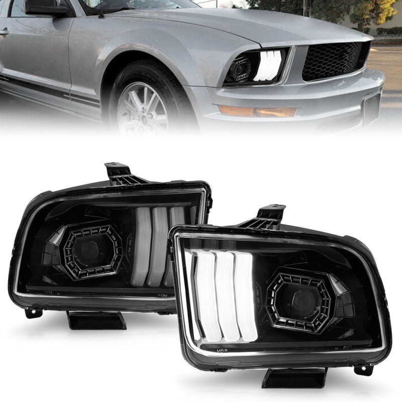 ANZO 05-09 Ford Mustang (w/Factory Halogen HL Only) Projector Headlights w/Light Bar Black Housing Headlights ANZO