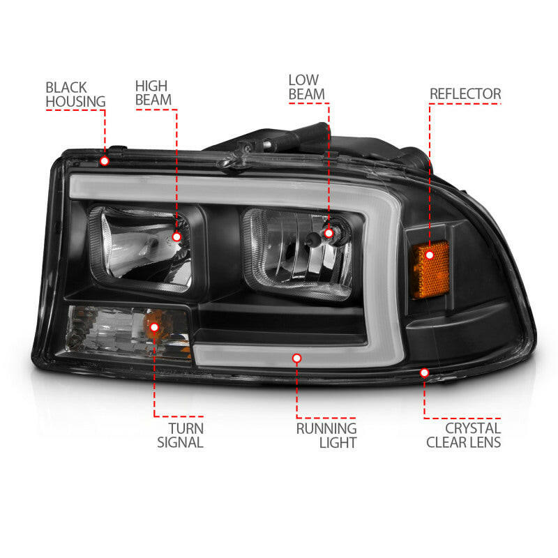 ANZO 97-04 Dodge Dakota/Durango Crystal headlight Set w/ Light Bar Black Housing Headlights ANZO