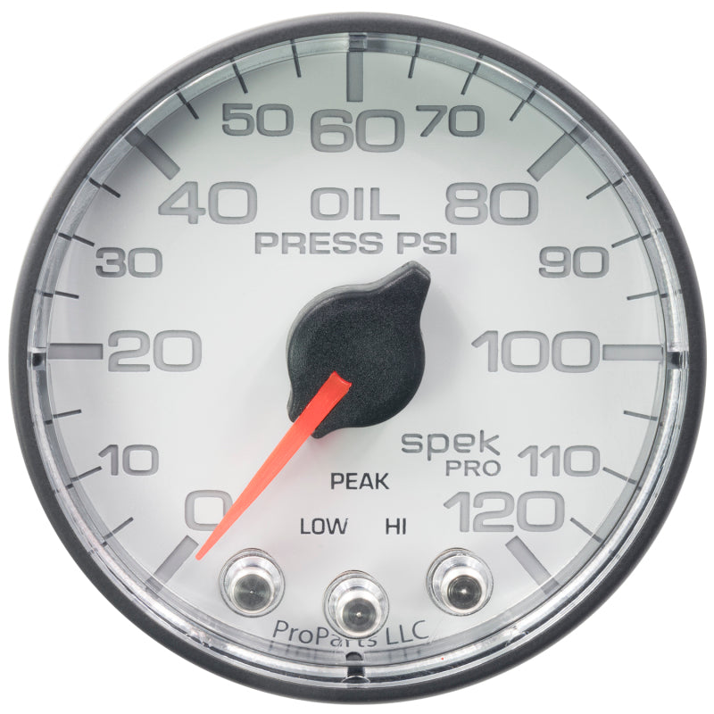 Autometer Spek-Pro Gauge Oil Press 2 1/16in 120psi Stepper Motor W/Peak & Warn Wht/Blk Gauges AutoMeter