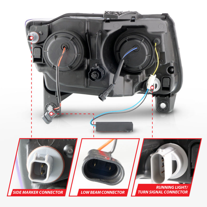 ANZO 11-13 Jeep Grand Cherokee (Factory Halogen Only) Projector Headlights w/Light Bar Swtchbk Black Headlights ANZO